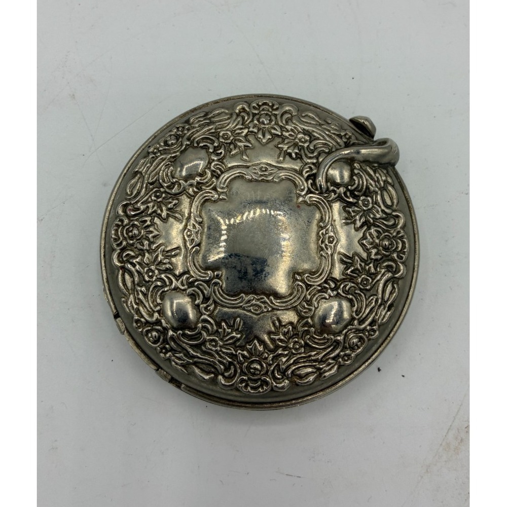 Vintage Powder Compact Mirror Silver Tone Ornate Embossed Floral Round Vanity